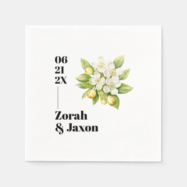 Lemon & Magnolia Floral Yellow Citrus Wedding Napkins (Front)