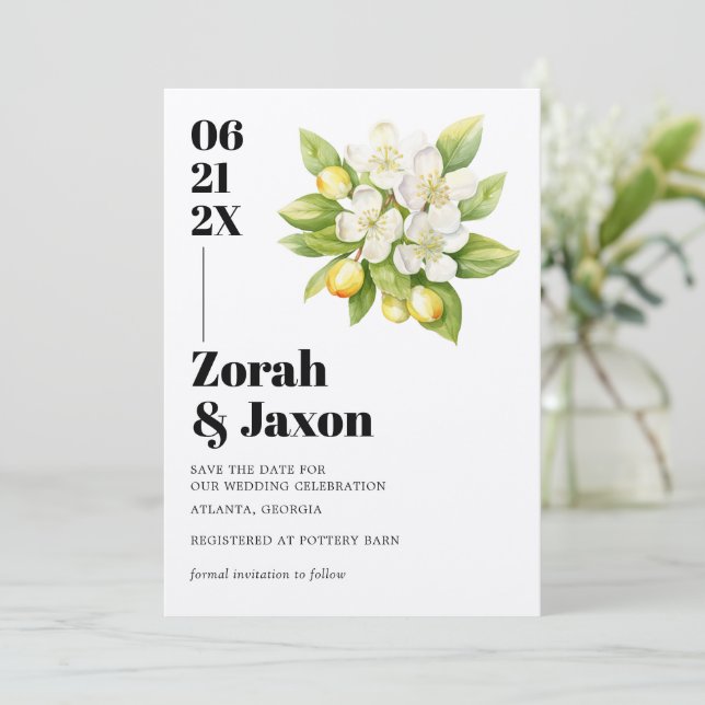 Lemon & Magnolia Floral Yellow Citrus Wedding Save The Date (Standing Front)