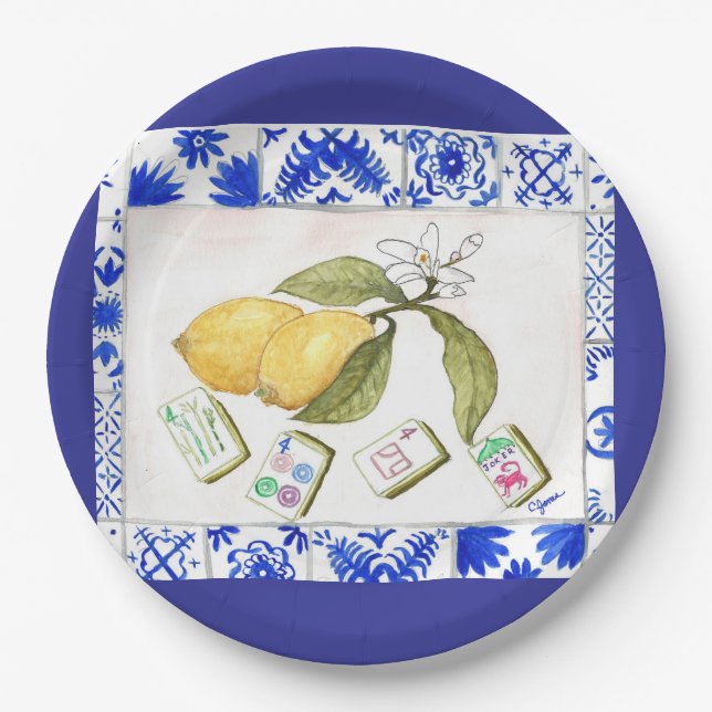 lemon mahjong blue paper plates (Front)