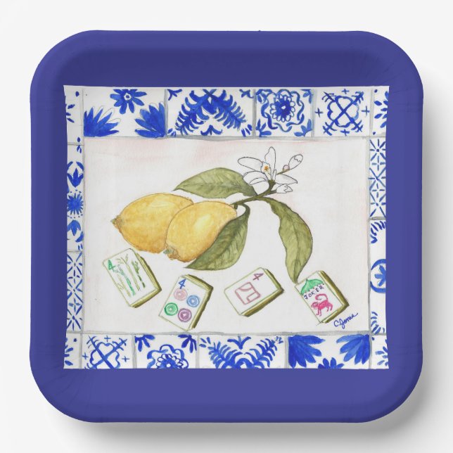 lemon mahjong blue paper plates (Front)