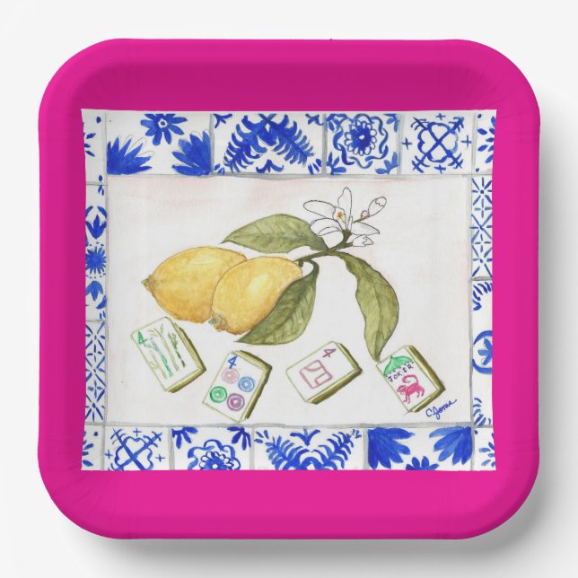 lemon mahjong fuchsia paper plates (Front)