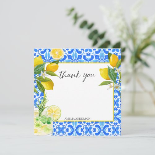 Lemon main squeeze blue tiles Bridal Shower  Thank You Card