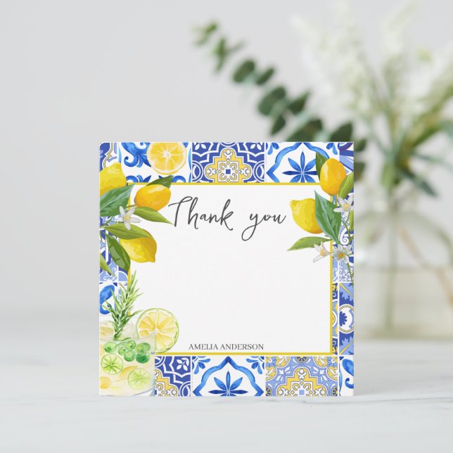 Lemon main squeeze blue tiles Bridal Shower  Thank You Card (Standing Front)