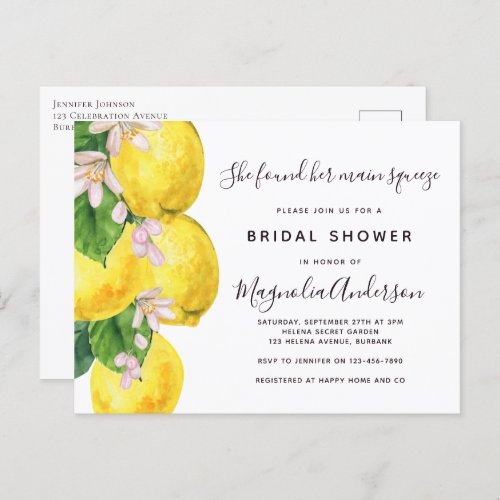 Lemon Main Squeeze Bridal Shower Invitation Postcard