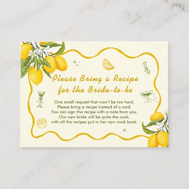 Lemon Main Squeeze Bridal Shower Recipe Request  Enclosure Card (Front)