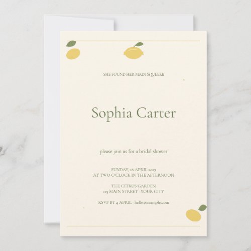 Lemon Main Squeeze Cream Bridal Shower Invitation