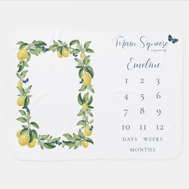 Lemon Main Squeeze Milestone Personalized Name  Baby Blanket (Horizontal)