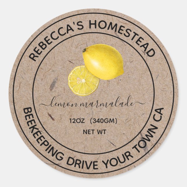  Lemon  Marmalade Kraft Paper Canning Jar Labels  (Front)