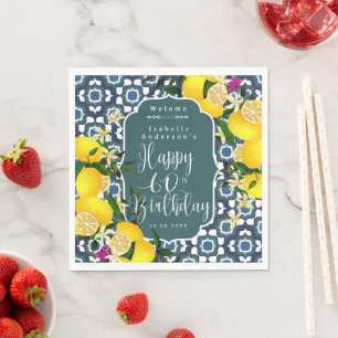 Lemon Mediterranean 60th Birthday Navy Napkins
