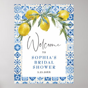 Lemon Mediterranean Blue Tile Bridal Shower Poster
