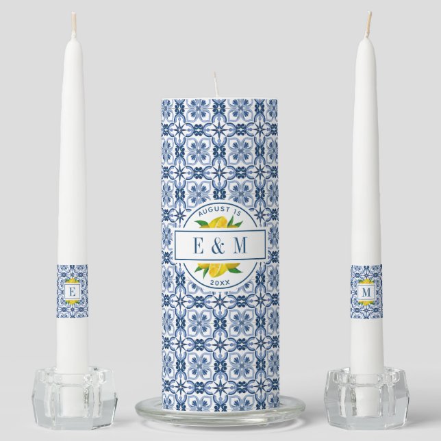 Lemon Mediterranean Blue Tile Unity Candle Set (Front)