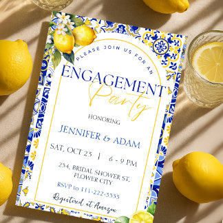 Lemon Mediterranean Blue Tiles Engagement Party Invitation