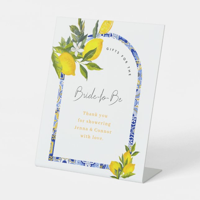 Lemon Mediterranean Boho Arch Bridal Shower Gifts Pedestal Sign (Front)