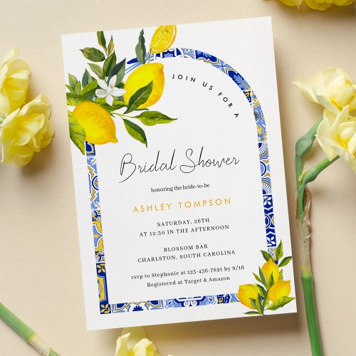 Lemon Mediterranean Boho Arch Bridal Shower Invitation