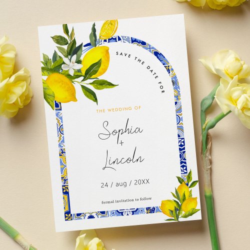 Lemon Mediterranean Boho Arch Save The Date Card