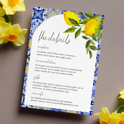 Lemon Mediterranean Boho Arch Wedding Details Card
