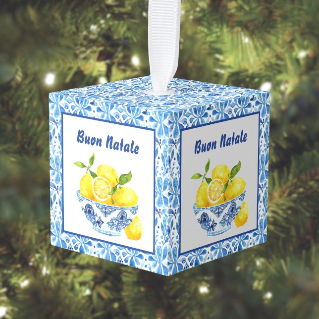Lemon Mediterranean Buon Natale Azulejo Blue Toile Cube Ornament (Creator Uploaded)