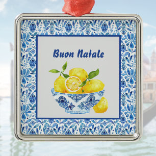 Lemon Mediterranean Buon Natale Azulejo Blue Toile Metal Ornament