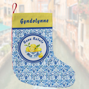 Lemon Mediterranean Buon Natale Azulejo Blue Toile Small Christmas Stocking
