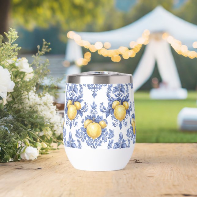 Lemon Mediterranean Citrus Pattern  Thermal Wine Tumbler (Wedding (Rotated))