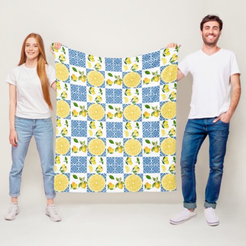 Lemon Mediterranean French Country Tile Pattern Fleece Blanket