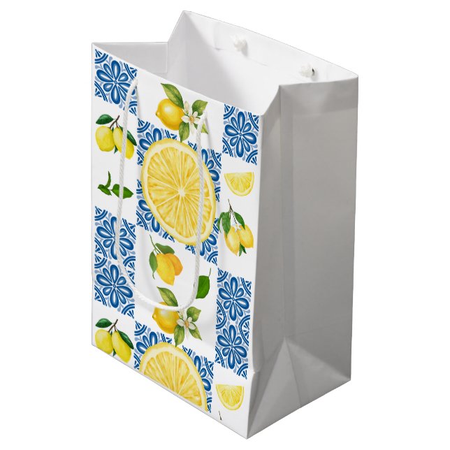 Lemon Mediterranean French Country Tile Pattern Medium Gift Bag (Front Angled)