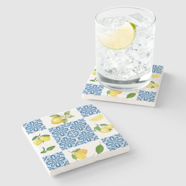 Lemon Mediterranean French Country Tile Pattern Stone Coaster (Side)