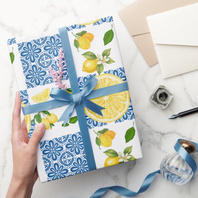 Lemon Mediterranean French Country Tile Pattern Wrapping Paper (Gifting)