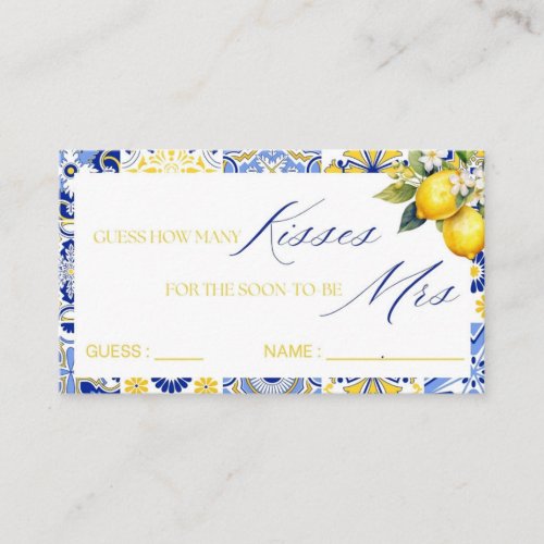 Lemon Mediterranean How Many Kisses Bridal Game Enclosure Card