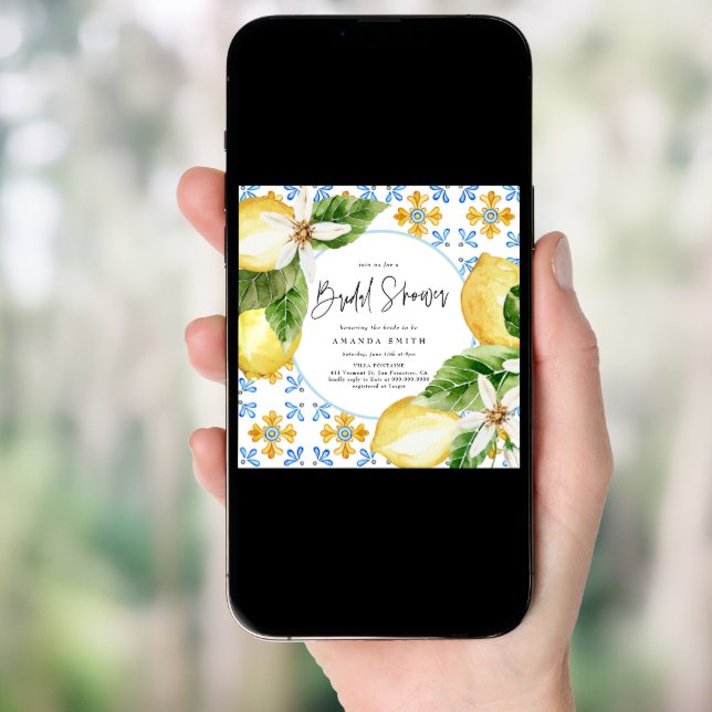 Lemon Mediterranean Italy Blue Tiles Bridal Shower Invitation (Front Digital)