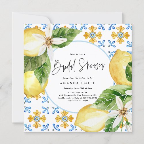 Lemon Mediterranean Italy Blue Tiles Bridal Shower Invitation - Watercolor Positano Mediterranean Italy Tiles Lemon Main Squeeze Bridal Shower Invitation 
Message me for any needed adjustments