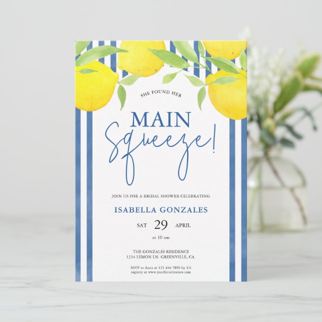 Lemon Mediterranean Main Squeeze Bridal Shower Invitation (Standing Front)