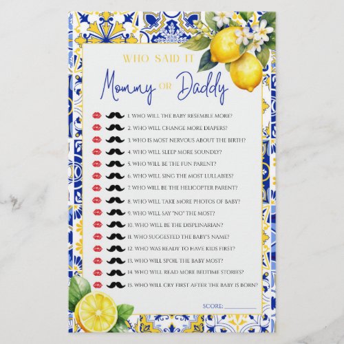 Lemon Mediterranean Mommy Daddy Baby Shower Game