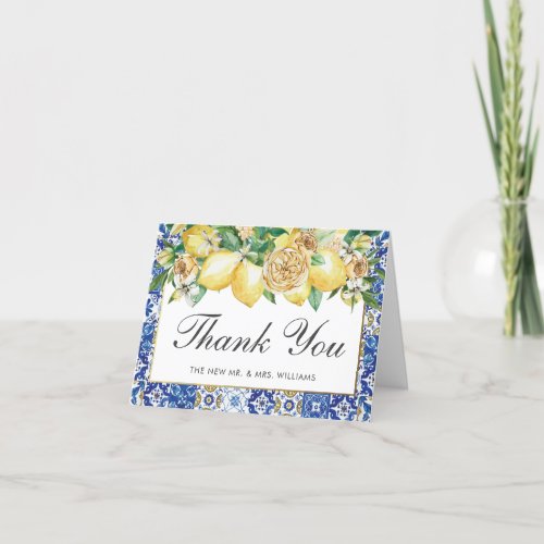 Lemon Mediterranean Mosaic Tiles Wedding Bridal Thank You Card