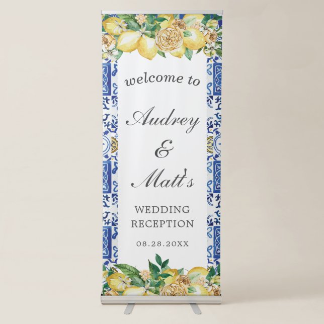 Lemon Mediterranean Mosaic Tiles Wedding Welcome Retractable Banner (Front)