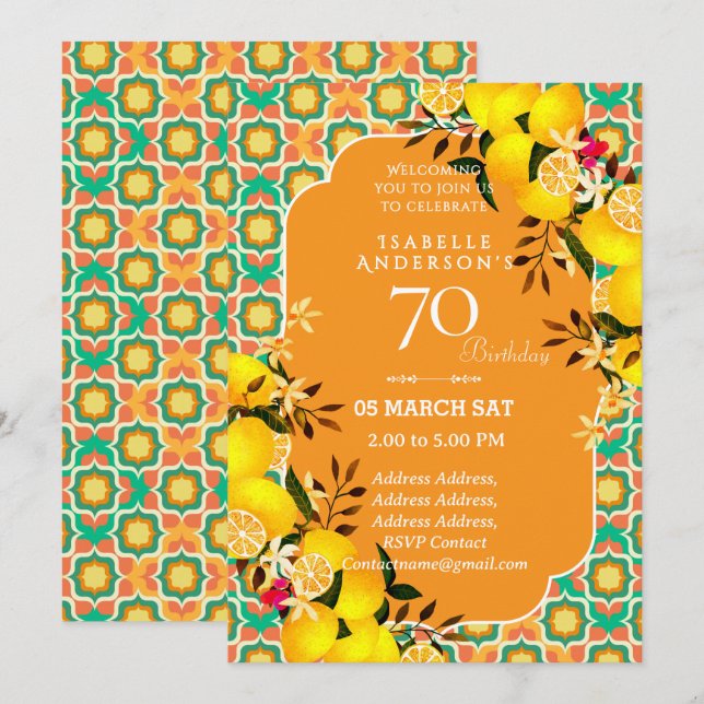 Lemon Mediterranean Orange 70th invitation (Front/Back)