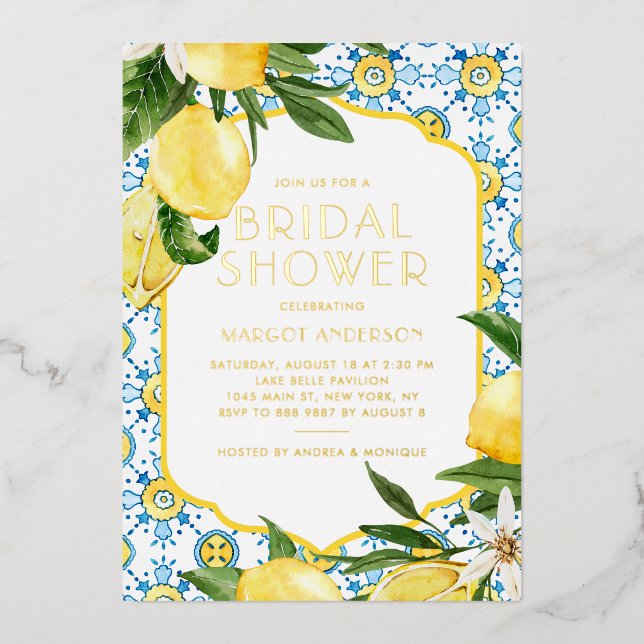 Lemon Mediterranean Summer Bridal Shower Foil Invitation (Front)