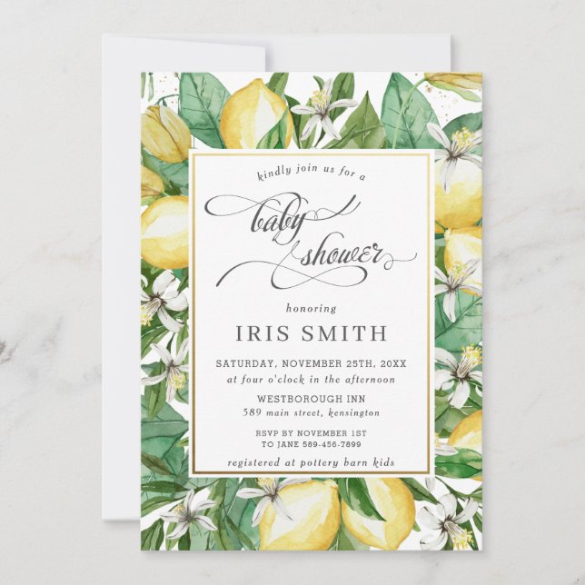 Lemon Mediterranean Summer Greenery Baby Shower Invitation (Front)
