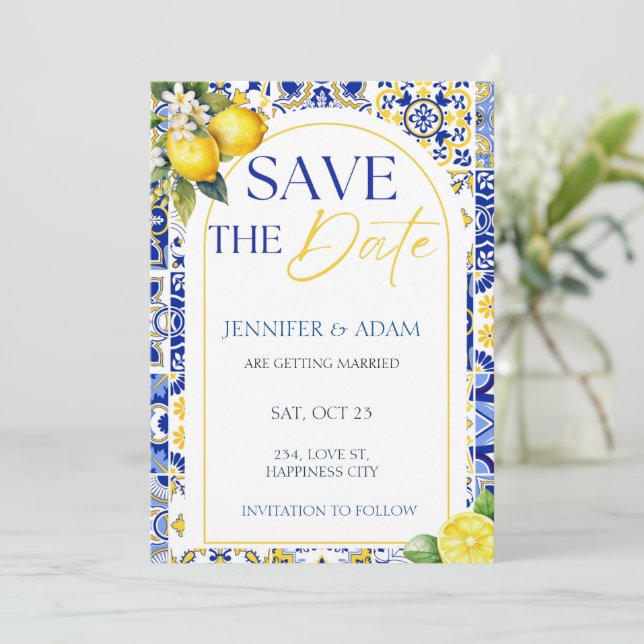 Lemon Mediterranean Summer Wedding Save the Date  Invitation (Standing Front)