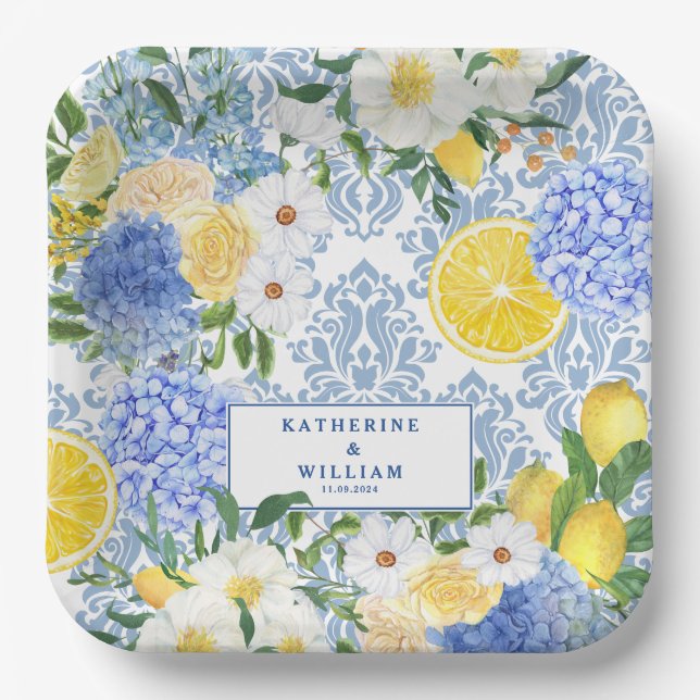 Lemon Mediterranean Tile Blue and Yellow floral Paper Plates (Front)