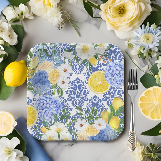 Lemon Mediterranean Tile Blue and Yellow floral Paper Plates (Creator Uploaded)