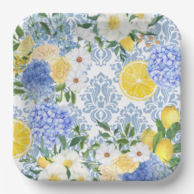 Lemon Mediterranean Tile Blue and Yellow floral Paper Plates (Front)