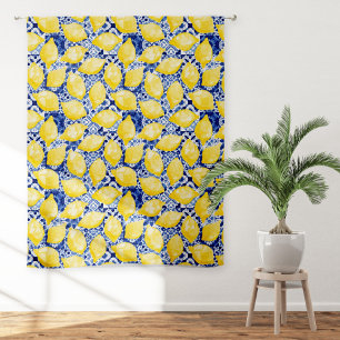 Lemon Mediterranean Tile Blue Yellow Watercolor Sheer Curtains