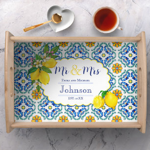 Lemon Mediterranean Tile Personalized Wedding Gift Serving Tray