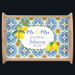 Lemon Mediterranean Tile Personalized Wedding Gift Serving Tray<br><div class="desc">Celebrate the newlyweds' special day with this Mediterranean Blue and Yellow Lemon Wedding Gift Serving Tray! This personalized tray features a beautiful blue and yellow Mediterranean tiled look, perfect for adding a touch of country rustic charm to any home. Easily personalize with names and established year Featuring blue and yellow...</div>