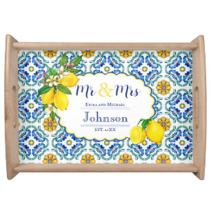 Lemon Mediterranean Tile Personalized Wedding Gift Serving Tray
