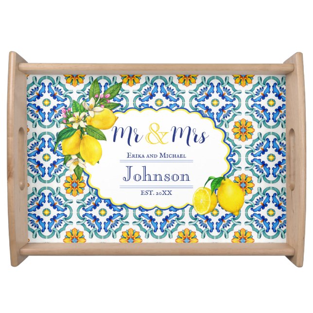 Lemon Mediterranean Tile Personalized Wedding Gift Serving Tray (Front)