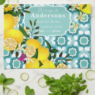 Lemon Mediterranean Tiles Blue  Kitchen Towel