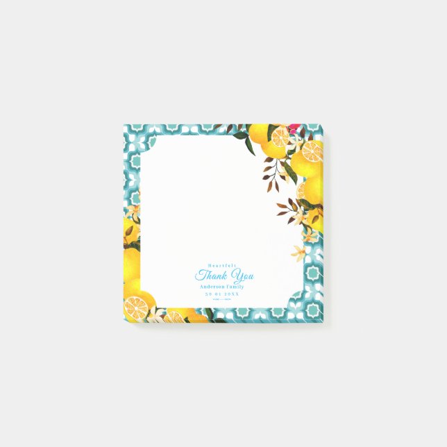 Lemon Mediterranean Tiles Blue Post-it Notes (Front)