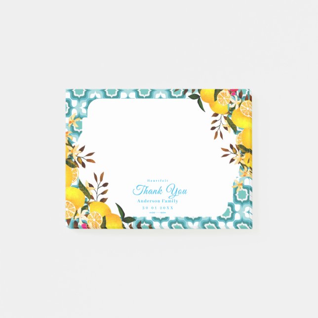 Lemon Mediterranean Tiles Blue Post-it Notes (Front)